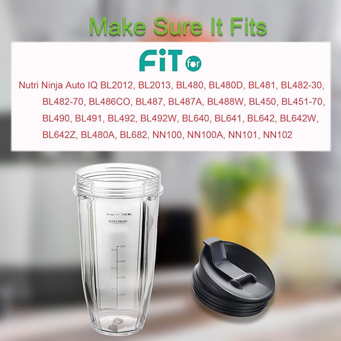 Blender Cups Fit for Ninja, Replacement Parts 24OZ Cups with Sip & Seal Lids, Blender Accessories Compatible with Nutri Ninja Auto IQ Series BL480 BL481 BL482 BL490 BL640 BL680 BL450 BL482(2 Pack)