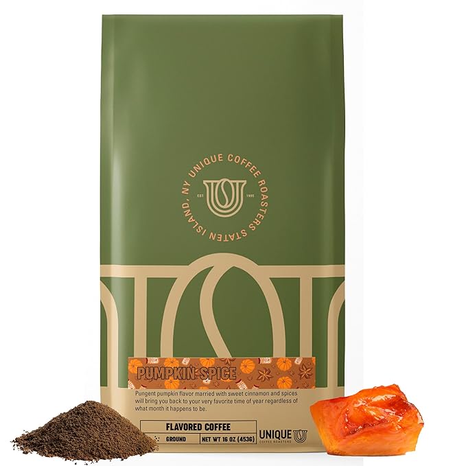 Pumpkin Spice Flavored Ground Coffee, 1 LB (16 oz) bag, Medium Roast, 100% Arabica Premium Quality Flavor