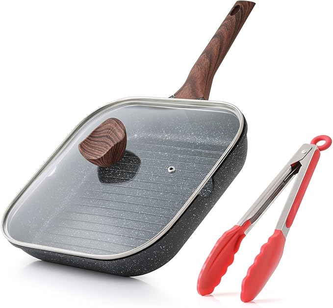 Kordisen Nonstick Grilling Pan with Lid for Stove Tops, 9.5 Inch Square Grill Pan for Indoor Cooking, Granite Coating Grill Skillet with Pour Spouts, Versatile Griddle, Induction Steak Pan, PFOA Free