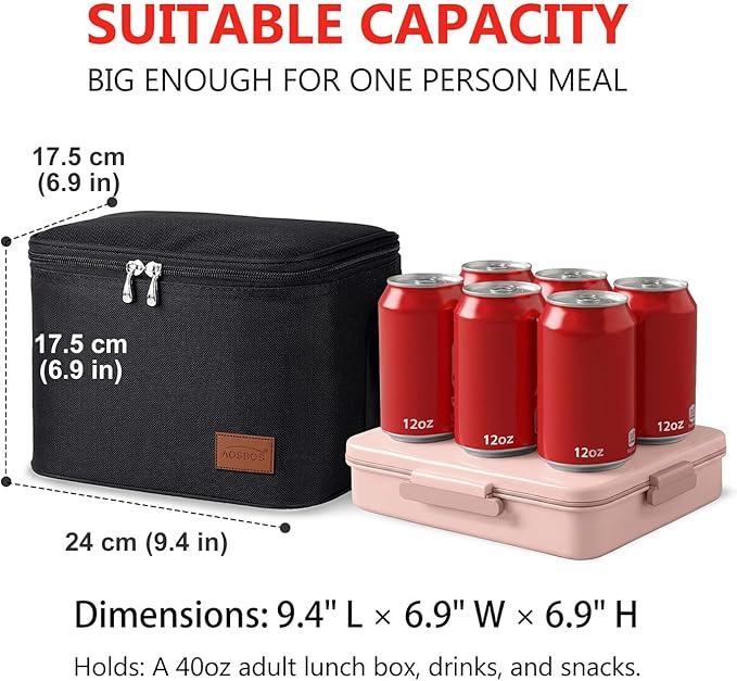 Aosbos Insulated Lunch Box for Men Women Leakproof Cooler Bag Reusable Lunch Tote Bag Adult Lunch Pail Thermal Lunch Boxes Bento Lunch Box Bag 7.5L Black