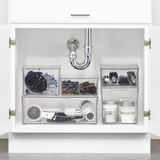 mDesign Plastic Stackable Bathroom Storage with Pull Out Bin Organizer Drawer for Cabinet, Vanity, Shelf, Cupboard, Cabinet, or Closet Organization - Lumiere Collection - 4 Pack - Clear