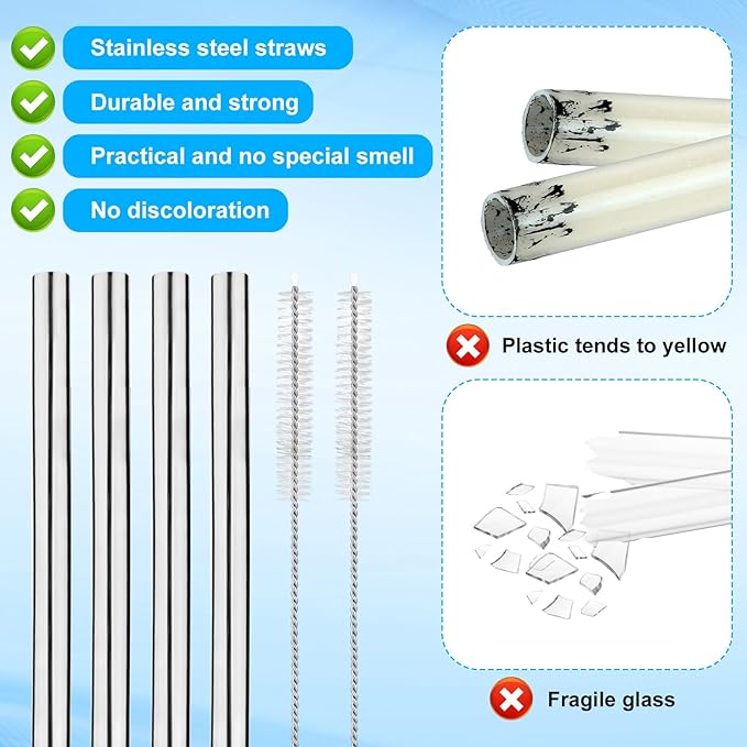 4pcs Water Bottle Straws for Owala 24oz 32oz, Stainless Steel Metal Straws Replacement with 2 Straw Cleaners Reusable Tumbler Bottle Accessories Parts for Indoor Outdoor Sports Trips