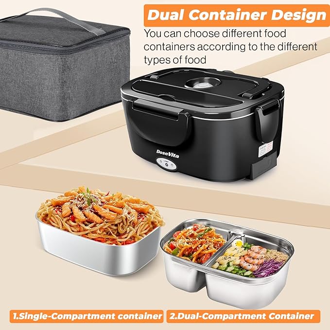 Electric Lunch Box for Adults, 80W Heated Lunch Box, 1.5L Stainless Steel Container | 12V/24V (Car/Truck) & 110V (Office/Home) | with Fork&Spoon and Insulated Carry Bag (Black-Dual Container)