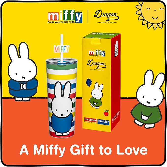 Dragon Glassware | Miffy 24 oz Vacuum Insulated Tumbler with Lid and Straw - Tumbler Cup with 2 Straws - Stainless Steel Tumbler with Straw Topper for Water, Iced Tea - Stripes