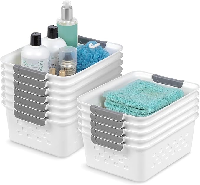 IRIS USA Plastic Basket, 12-Pack, Small, Shelves Storage Basket for Organizing Pantry Kitchen Cabinet Bedroom Bathroom Office Craft Room, White