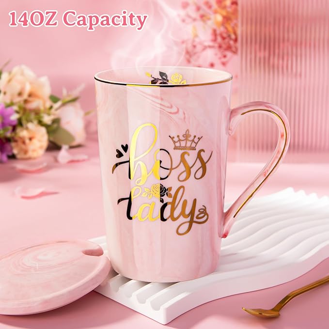 Biching Boss Lady Gifts for Women - Unique Birthday Gift for Women, Friend, Coworkers, Colleagues, Boss Female - Appreciation Mothers Day Gifts - 14Oz Marble Ceramic Coffee Mug Pink