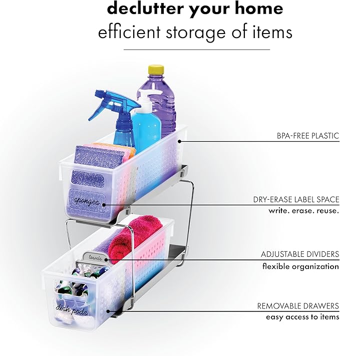 Madesmart 2-Tier Plastic Mini Multipurpose Organizer with Divided Slide-Out Storage Bins, Compact Under Sink and Cabinet Organizer Rack, Frost
