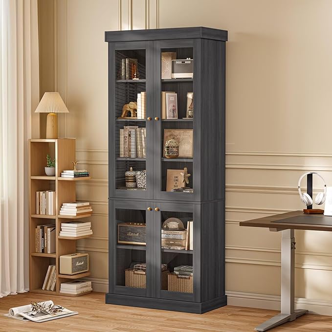 70.8" Tall Black Bookshelf with Glass Doors, Farmhouse Modular Bookcase with 6-Tier Adjustable Shelves, Large Storage Cabinet for Home Office, Living Room, Set of 2