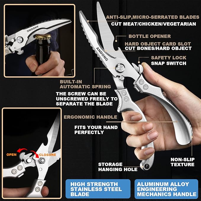 ANDONG Heavy Duty Professional Poultry Shears -Stainless Steel Kitchen & Meat Scissors with Leather Sheath, Dishwasher Safe Spring Loaded Utility Shears for Cooking, Butchering, Cutting