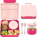 Bento Lunch Box with 8oz Soup Thermo, Leak-Proof Lunch Containers with 4 Compartment, Thermo Hot Food Jar and Insulated Lunch Box for School Pink