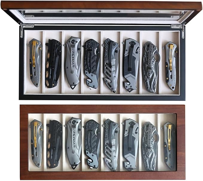 Knife Display Case Organizer storage 8 pocket knives, Folding Knife Holder with Real Glass Window Top， Pocket knife collection box for men gift (Walnut Veneer 8 slot)