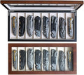 Knife Display Case Organizer storage 8 pocket knives, Folding Knife Holder with Real Glass Window Top， Pocket knife collection box for men gift (Walnut Veneer 8 slot)