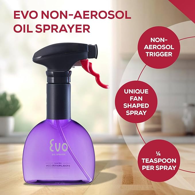 Evo Oil Sprayer Minis, Non-Aerosol for Olive, Cooking Oils, and Vinegars, Purple, 8-Ounce Capacity, Set of 2