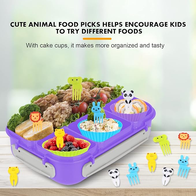 Bento Box, Lunch Box Kids, 1300ML with 4 Compartment&Food Picks Cake Cups, Containers for Adults/Kids/Toddler, Leak-Proof, Microwave/Dishwasher/Freezer Safe(Purple)