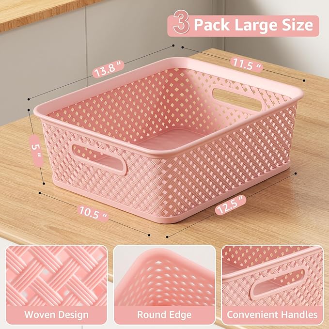 MaxGear Organization and Storage 3 Packs, Plastic Bins Organizer Bins, Woven Baskets for Storage, Plastic Baskets with Handles, Pink Basket for Organizing, Basket Organizer for Home and Office, Large