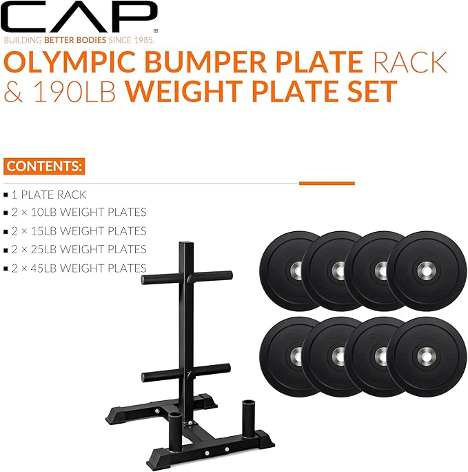 CAP Barbell 2-Inch Olympic Bumper Plate Weight Set with 6 Post Rack | 100-370 lbs | Multiple Options