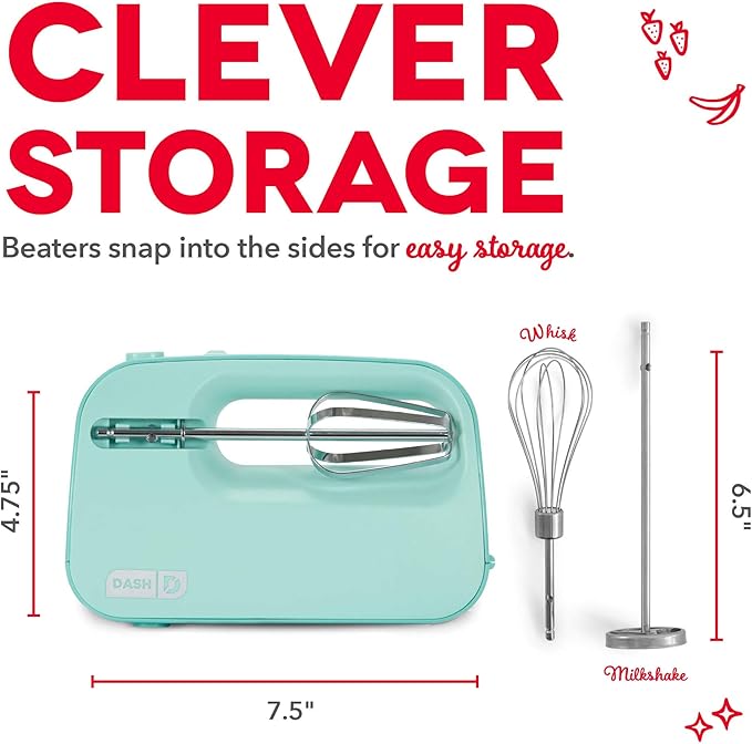 Dash SmartStore™ Deluxe Compact Electric Hand Mixer + Whisk and Milkshake Attachment for Whipping, Mixing Cookies, Brownies, Cakes, Dough, Batters, Meringues & More, 3 Speed, 150-Watt – Aqua