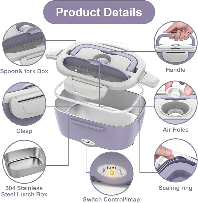 Electric Lunch Box Food Heater, 3 in 1 Ultra Quick Heated Lunch Boxes for Adults, 12V/24V/110V Portable Food Warmer for Car/Truck/Office With Fork Spoon and Insulated Carry Bag