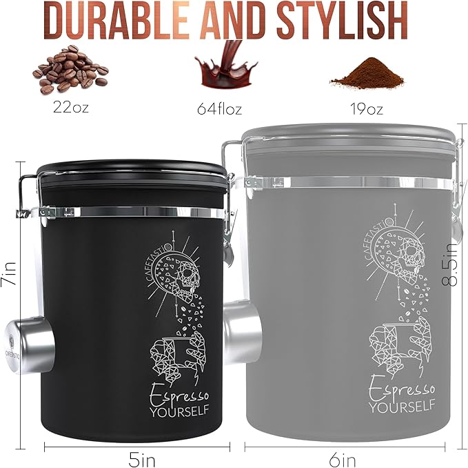 Coffee Canister – Airtight Stainless Steel Storage Container with Date Tracker & Scoop, Sealed Jar for Grounds, Beans, Tea, Flour, Cereal, and Sugar (Black Esspresso, 22OZ)