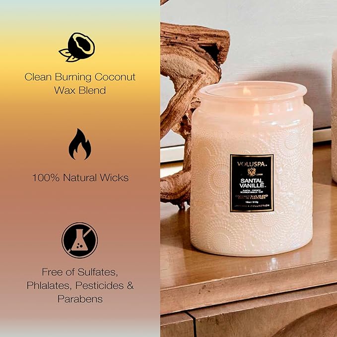 Voluspa Santal Vanille, Large Candle Jar, 18 oz, 100 Hour Burn Time, Coconut Wax for Clean Burning, Handcrafted in the USA