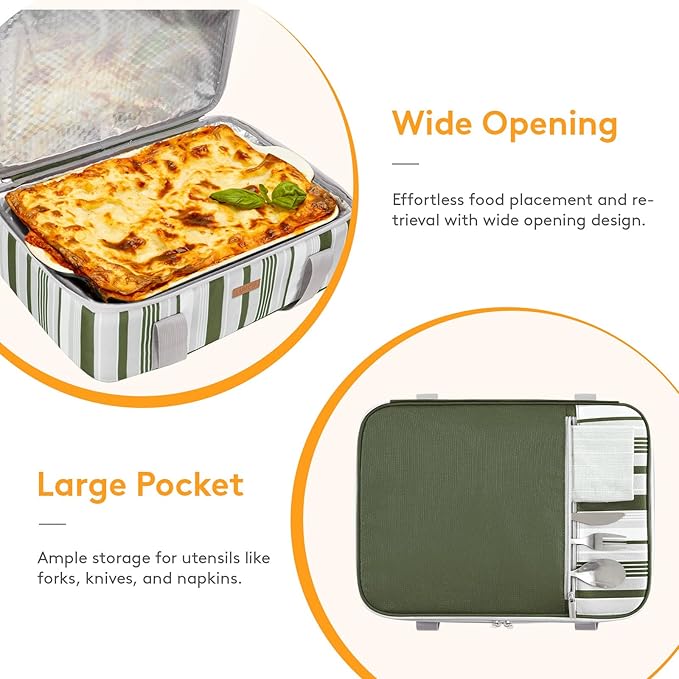 LUNCIA Insulated Casserole Carrier for Hot or Cold Food, Lasagna Lugger Tote for Potluck Parties/Picnic/Cookouts, Fits 9"×13" Baking Dish, Dark Green