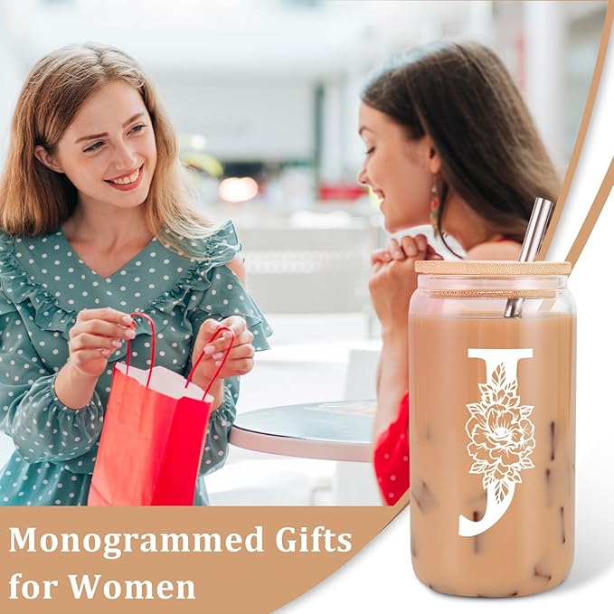Coolife Initial Glass Cup, Monogrammed Gifts for Women, 16 oz Glass Cups w/Lids Straws, Iced Coffee Smoothie Beer Tumbler w/Straw Lid - Personalized Christmas, Birthday Gifts for Her Mom Friend Woman