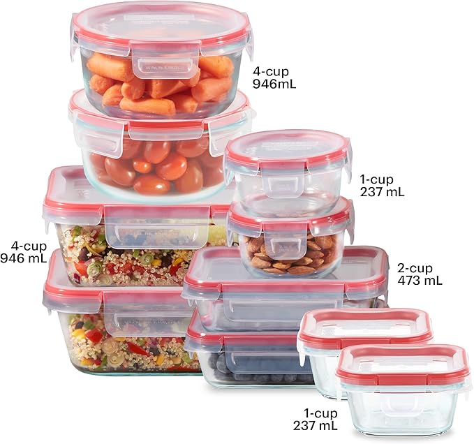 Pyrex Freshlock 10-Pack Mixed Sized Airtight Glass Food Storage Container Set, Non Toxic, BPA-Free Leakproof Locking Lids