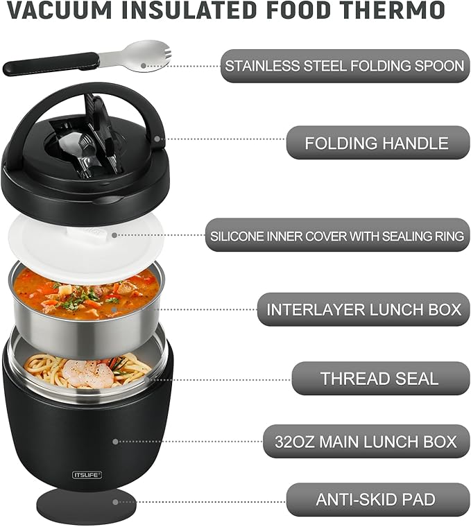 Soup Thermos for Hot Food Insulated Food Jar 32oz, Vacuum Insulated Stainless Steel Lunch Container - Wide Mouth Thermo for Soup & Food, Insulated lunch box Leakproof Bento Box with Spoon(Black)