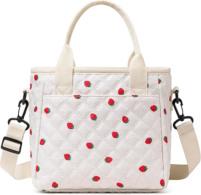 TuErCao Cute Strawberry Lunch Box for Women Lunch Bags for Work Small Insulated LunchBag for Picnic Travel Shopping, Portable Lightweight Ultrasonic Soft Touch LunchTote for Young Ladies