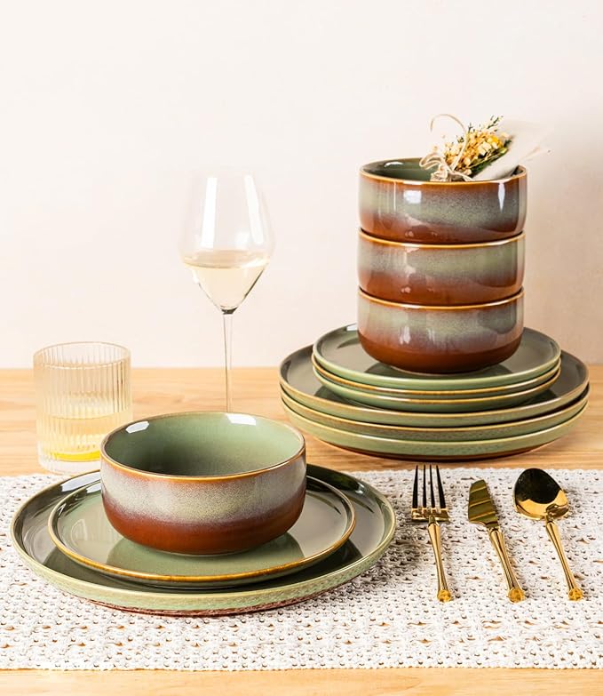 TheTerra Ceramic Dinnerware Sets for 6, 18 Pieces Handmade Reactive Glaze Plates and Bowls Set, Scratch Resistant Dish Set, Oven & Microwave & Dishwasher Safe, Brown Green