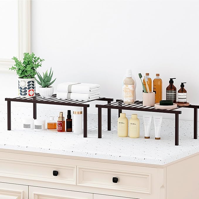 STORAGE MANIAC Set of 4 Expandable Kitchen Cabinet Organizer Shelf Kitchen Counter Shelves Spice Rack Kitchens Storage Wire Shelf Adjustable Metal Pantry Storage for Plate Dish, Brown