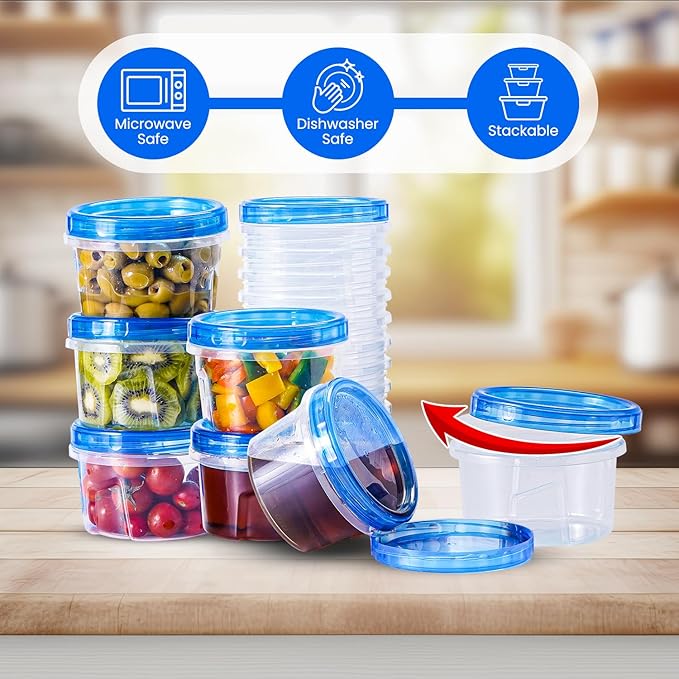 RFAQK Freezer Storage Containers with Lids-12 Plastic 32 oz Deli Containers with 12 Screw Lids-Freezer Containers for Soup with Twist Top Lids-Reusable Plastic Box for Lunch, Gym, Travel (24pcs-16oz)