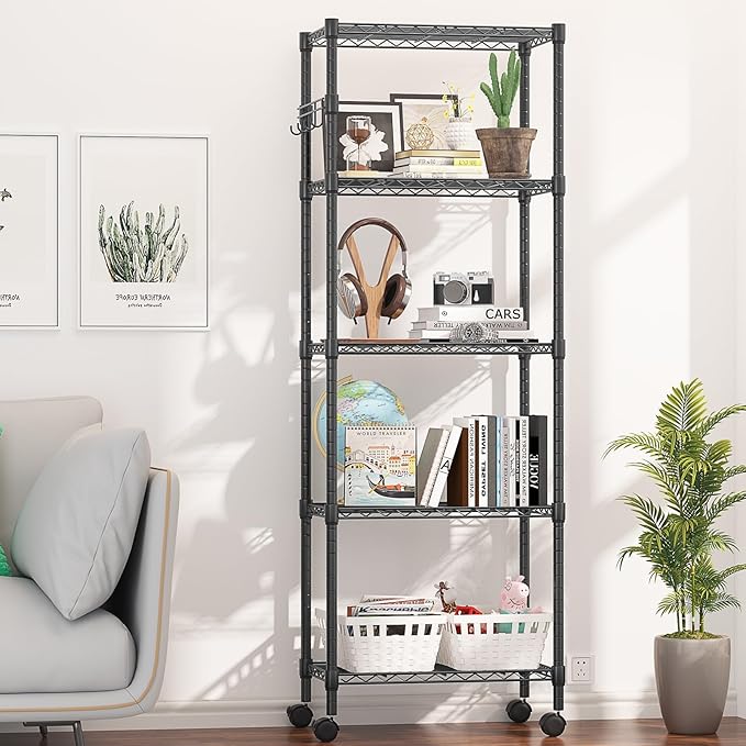 Himimi 5-Tier Wire Shelving Unit on Wheels, Adjustable Heavy Duty Metal Shelves with Side Hooks, Metal Organization Wire Rack for Kitchen Garage Basement, 13" L x 23" W x 72" H, Black