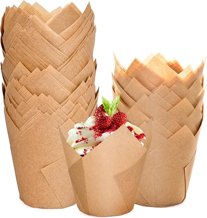 200pcs Natural Tulip Cupcake Liners, Premium Muffin Liners Holders for Baking Cups, Greaseproof Cupcake Wrappers in Standard Size, Classic Parchment Paper Cupcakes Liner by JIRNGLA