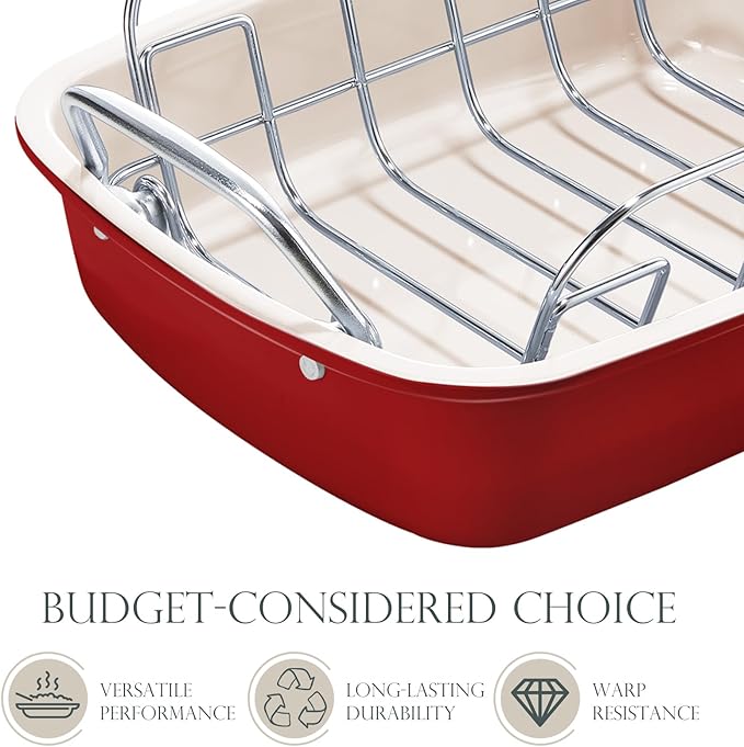 KITESSENSU Nonstick Turkey Roasting Pan with Rack 17 x 14 inch - Large Chicken Roaster Pan for Oven - Wider Handles & Heavy Duty Construction - Suitable for 24lb Turkey, Red