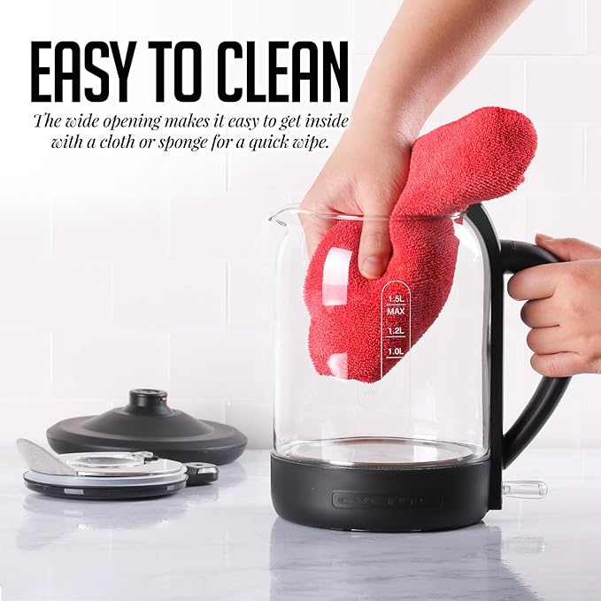 OVENTE Electric Kettle with 1.5L Borosilicate Glass, 1500W Fast Boiling Water Heater for Coffee or Tea, Easy to Fill Lid, Auto Shut-Off, Boil-Dry Protection & Stainless Steel Filter, Black KG516B