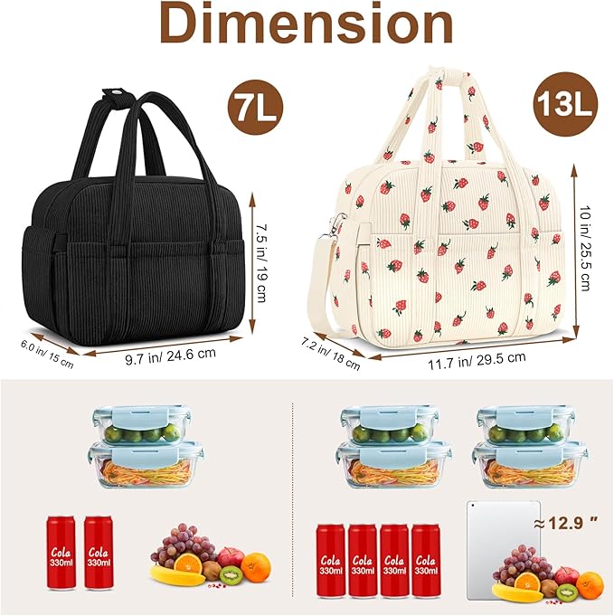 Corduroy Lunch Box Lunch Bag for Women Men, Cute Strawberry Small Insulated Reusable Work Leakproof Simple Lunch Boxes Tote Bag Adults Cooler Bag