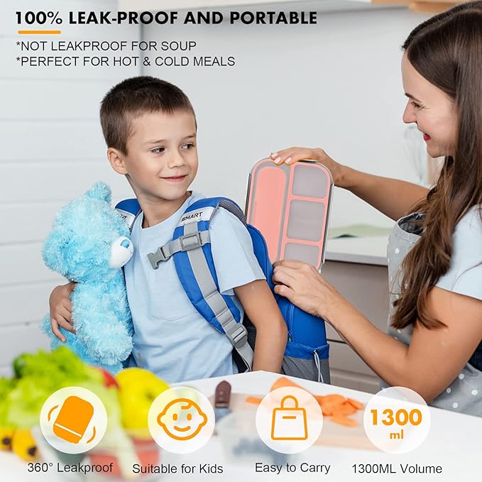Bento Box Kids, 1300ML Adult Lunch Box with 4 Compartment & Food Picks & Cake Cups, Leak-Proof, Microwave/Dishwasher/Freezer Safe (Pink)