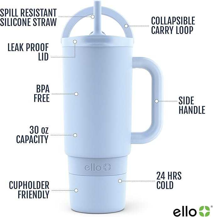 Ello Port 30oz Tumbler with Carry Loop & Integrated Handle, Vacuum Insulated Stainless Steel Reusable Water Bottle, Travel Mug with Leak Proof Lid & Straw, Perfect for Iced Coffee & Tea, Halogen Blue