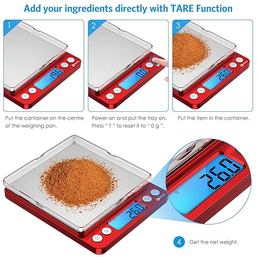 Digital Kitchen Scale, 3000g Pocket Cooking Scale with 0.1g Accuracy, Mini Food Scale, Pro Electronic Jewelry Scale with Back-Lit LCD Display, Tare & PCS Functions (Red, Batteries Included)
