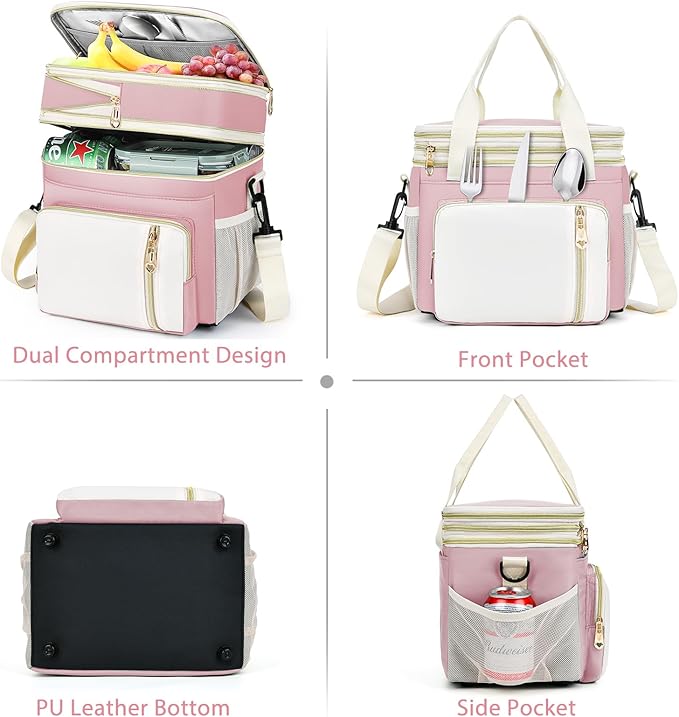 Lunch Box & Lunch Bag for Women, Large Insulated Adult Lunch Box Leakproof Lunchbox Cooler Bag for Work Picnic Beach,16L, Light Pink & White