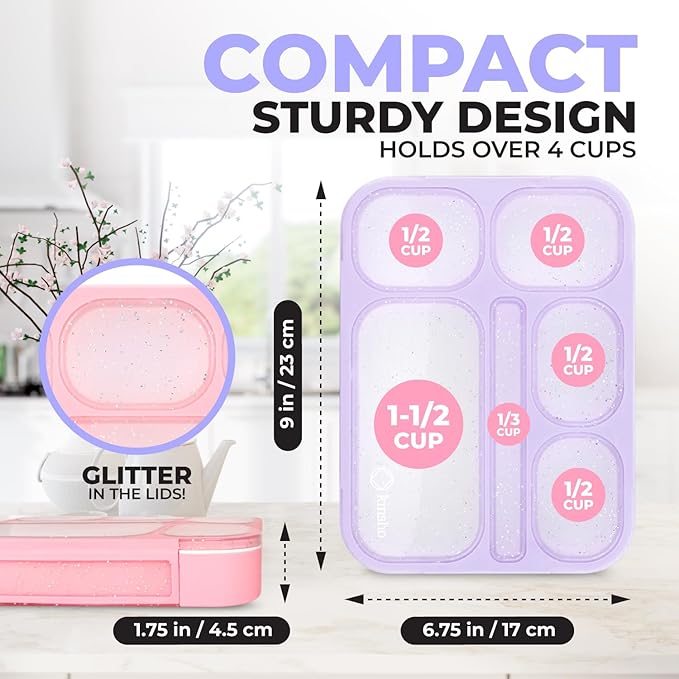 kinsho Glitter Lunch Box Bento Boxes for Girls, Meal and Snack Containers for Toddler Daycare, School, Travel, 6 Divided Compartments, Cute 2 Pack Set, Utensils, Pink Purple Lilac