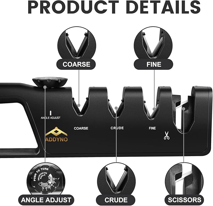 4-in-1 Knife Sharpener with Angle Guide, Adjustable Edge,3-Stage Coarse–Sharpen–Fine + Scissors Slot, Non-Slip Base & Ergonomic Handle for Kitchen Knives,Square Black