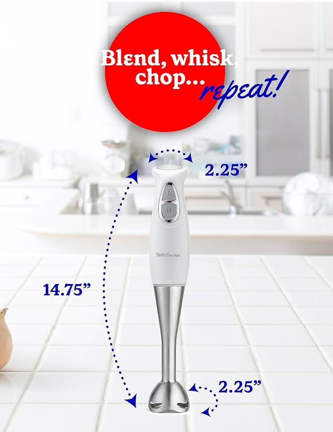 BETTY CROCKER Immersion Blender for Home & Kitchen, 2-Speed Hand Mixer Electric Handheld with Stainless Steel Blade, Beaker & Whisk, 250W Portable Blender with Ergonomic Handle, White
