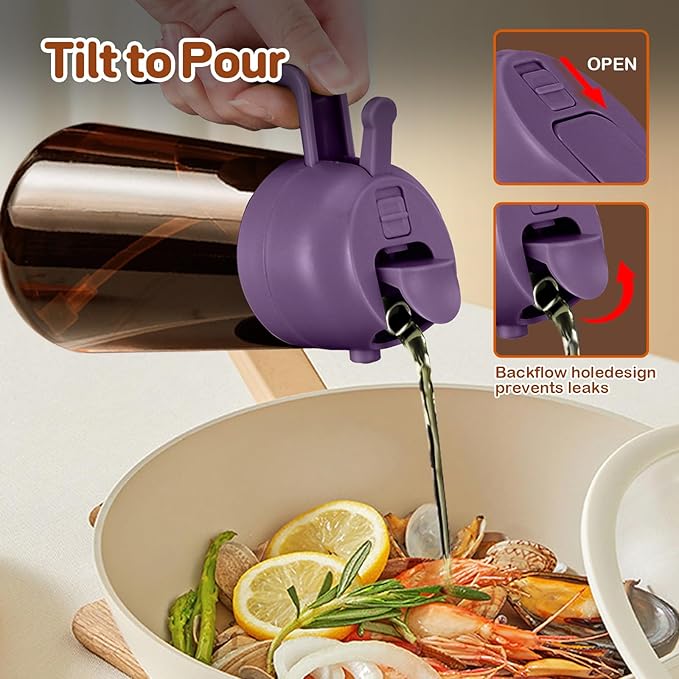 YARRAMATE 16oz/470ml Dark Brown Oil Sprayer for Cooking with Stickers, Food-grade Premium 2 in 1 Olive Oil Dispenser Bottle for Kitchen Gadgets, Air Fryer, Salad, Frying, BBQ (Purple)