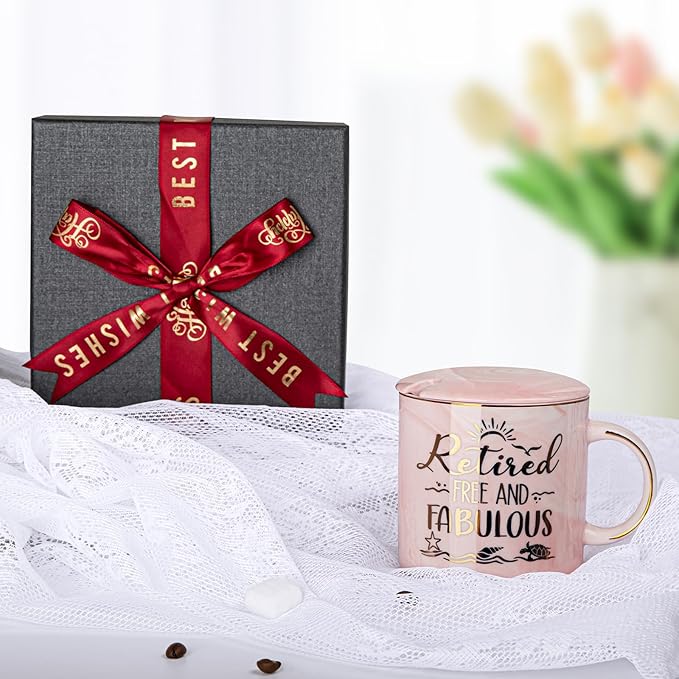 Retirement Gift for Woman 2025 - Retirement Gifts for Women, Coworker Leaving, Farewell, Going Away, Goodbye Gifts, Retired Free And Fabulous -14oz Pink Marble Coffee Mug, Gift Box