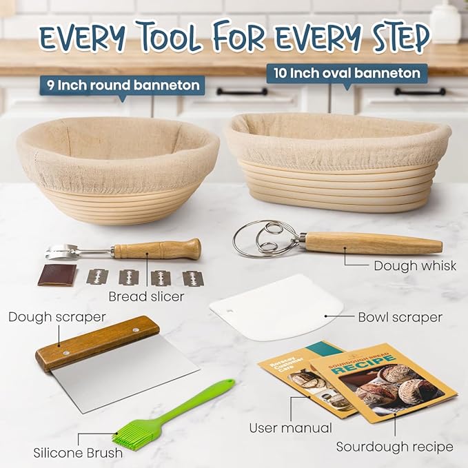 rorecay Banneton Bread Proofing Basket Sourdough Bread Baking Supplies, 9 Inch Round + 10 Inch Oval Proofing Bowls with Dough Whisk Bread Lame Dough Scraper Bread Making Tools and Accessories Set
