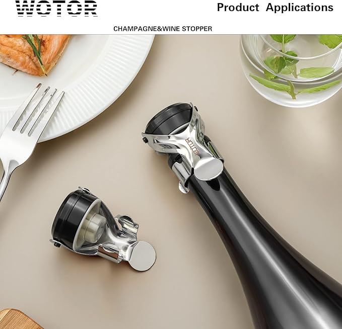 WOTOR Champagne&Wine Bottle Stoppers Stainless Steel with Food Grade Silicone, Leak Proof Keep Fresh Reusable Saver, Cork Suitable for Wine, Champagne, Cava, Prosecco and Sparkling (4 Pack Silver）