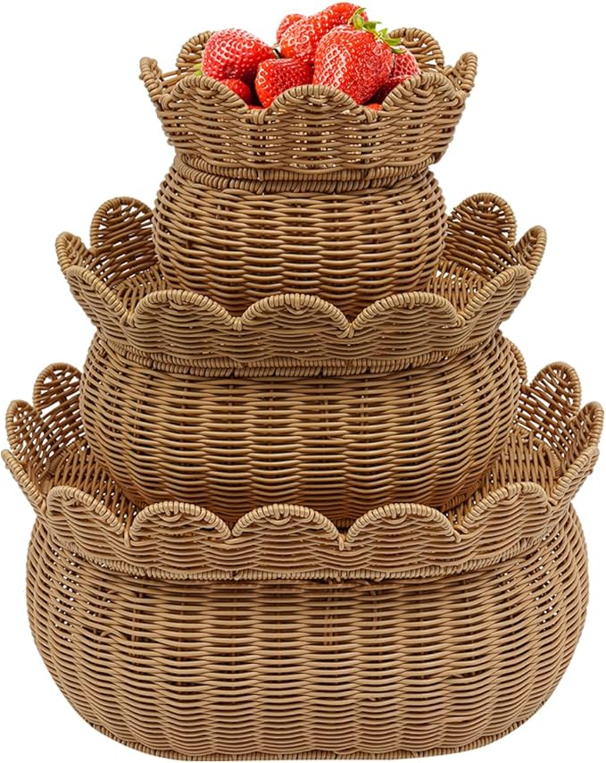 3 Pcs Wicker Storage Baskets with Lid Hand Woven Plastic Wicker Set Round Scalloped Organizer Box Natural Woven Storage Bins for Picnic,Bread,Eggs,Fruits