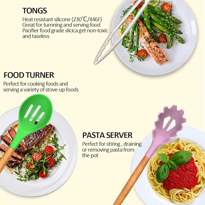 Umite Chef Kitchen Cooking Utensils Set, 33 pcs Non-stick Silicone Cooking Kitchen Utensils Spatula Set with Holder, Wooden Handle Silicone Kitchen Gadgets Utensil Set (Colorful)